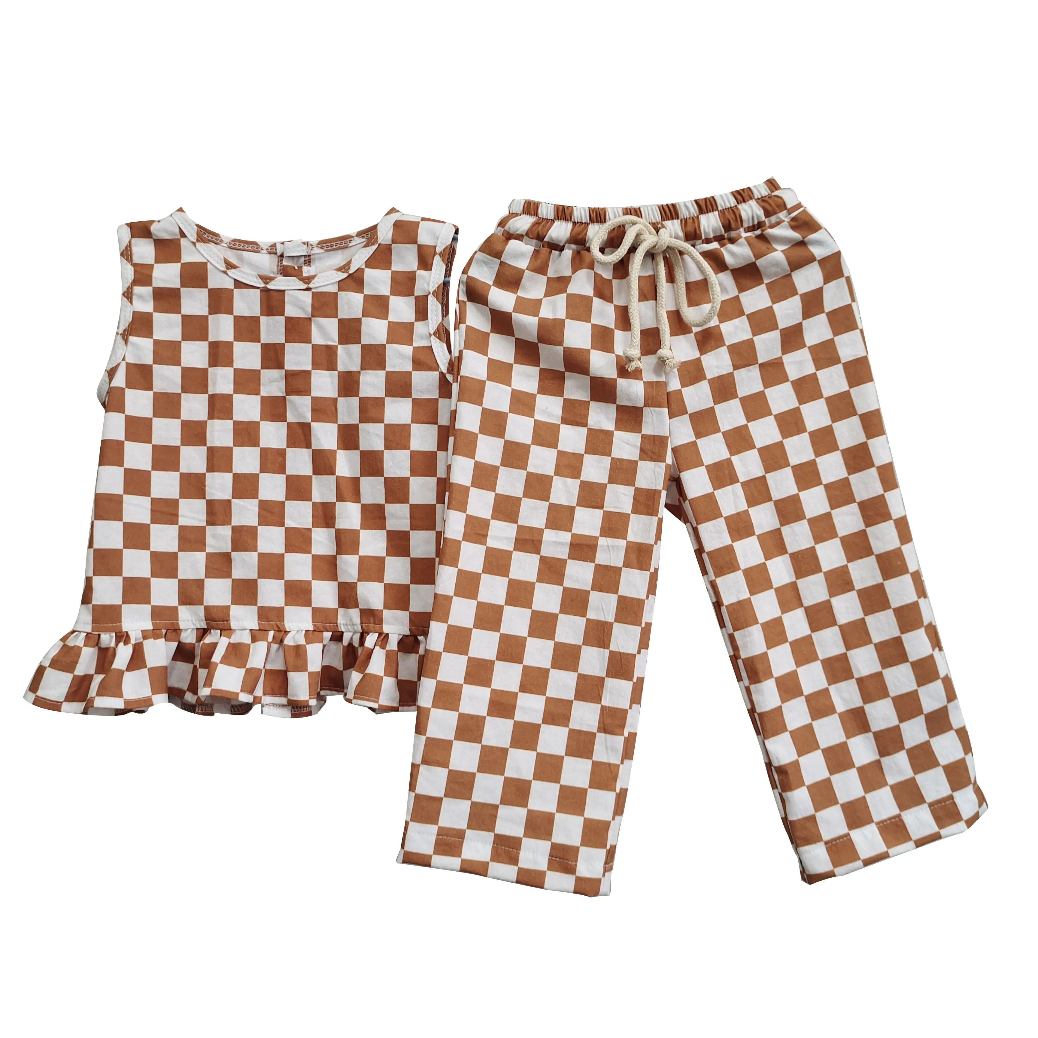 Custom women sleeveless ruffle top and wide leg pant Checkered linen baby girls cute clothes suit