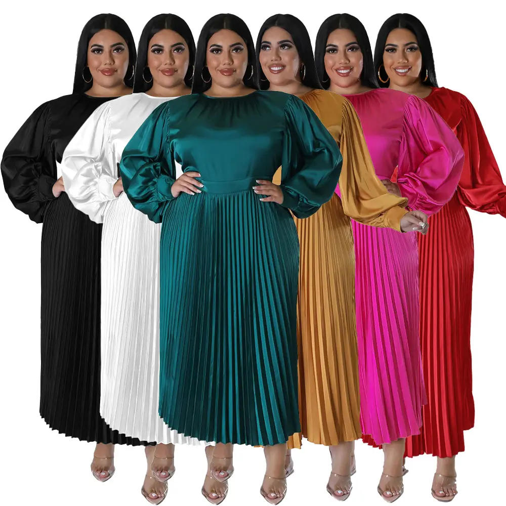 Robe de grande taille à la mode automne et hiver populaire robe longue plissée col rond jupes à manches longues pour les femmes