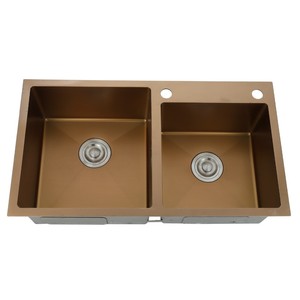 Fregadero de Cocina <span class=keywords><strong>Cuadrado</strong></span> Moderno Hecho a Mano con Dos Orificios, Doble Tazón, de Acero Inoxidable 304, Color Dorado LS8045S-2 - Product Image 3
