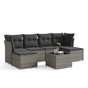 Ensemble de canapés de jardin en rotin gris avec structure en acier et éléments en verre trempé, mobilier d'extérieur - Product Image 1