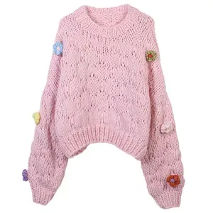 2023 Oem Odm Customized Thick Knitted Women's Cardigan Women's Handmade Knitted Cardigan 3d Flower Pearl Sweater