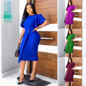 Robe de soirée à manches évasées et col rond de couleur unie, robes pour femmes grandes tailles - Product Image 6