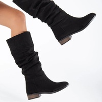 Bottes à enfiler aux genoux en cuir de daim végétalien personnalisées pour femmes, bottes mi-mollet vintage à bout rond et antidérapantes en daim végétalien noir