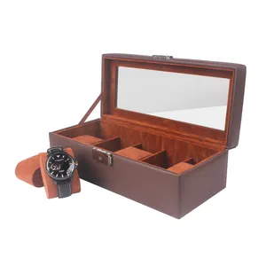 caja de reloj caso rojo Suppliers-DDP-caja de reloj con logotipo personalizado para hombre, 5 cajas organizadoras de relojes con cojín de terciopelo y cuero PU marrón
