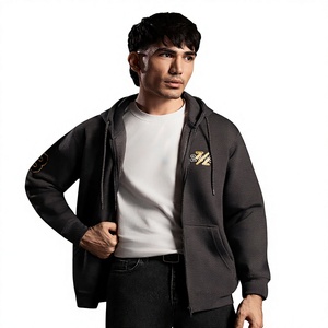 Men Black Zip-Up Hoodie Cotton French Terry Regular Fit Casual Autumn Wear Custom Logo Back 370g Silk Screen Printed Pocket - Product Image 3