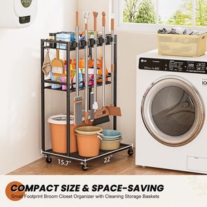 Portascopa con organizer per la pulizia, mobiletto contenitore per armadio con ganci per mocio, portaoggetti e carrello per la pulizia domestica - Product Image 5