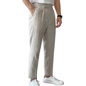 Amerikan yaz yumuşak ve rahat erkekler fermuar sinek pantolon hafif keten kumaş erkek rahat kırpılmış pantolon
