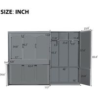 Lit mural moderne gris en métal, taille Queen, avec placard intégré et rangement pour armoire