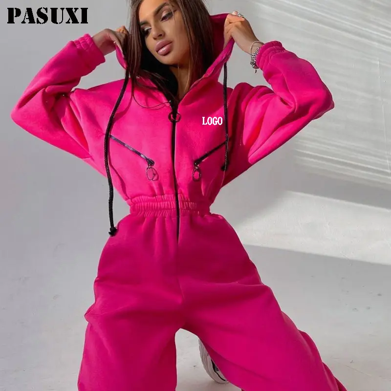 Pasuxi thiết kế mới dài tay áo Tracksuit một mảnh Jumpsuit phụ nữ mỏng bodysuit đầy đủ Zip Up Hoodies Playsuit trùm đầu jumpsuits Bộ