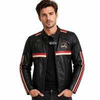 Chaqueta de cuero para hombre estilo Café Racer de piel de cabra, venta al por mayor OEM, con grabado en relieve profundo personalizado y gráfico de letras sólidas en toda la espalda.