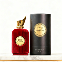 Vente en gros de flacons de parfum en verre ronds de luxe vides, personnalisés avec un flocage rouge, 30 ml, 50 ml, 100 ml, flacon de parfum en verre avec boîte