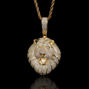 Collares con Colgante de Cabeza de <span class=keywords><strong>León</strong></span> Esculpida en 3D, Estilo Hip Hop de Lujo, con Micro Pavé de Circonita Cúbica y Cadena de Cuerda Trenzada en Tono Dorado - Product Image 1