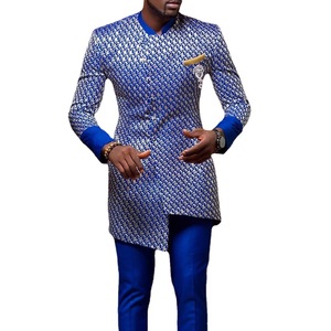 Ensemble chemise et pantalon Dashiki pour homme, imprimé africain, motif géométrique bleu, manches longues, col montant, vêtements traditionnels - Product Image 5
