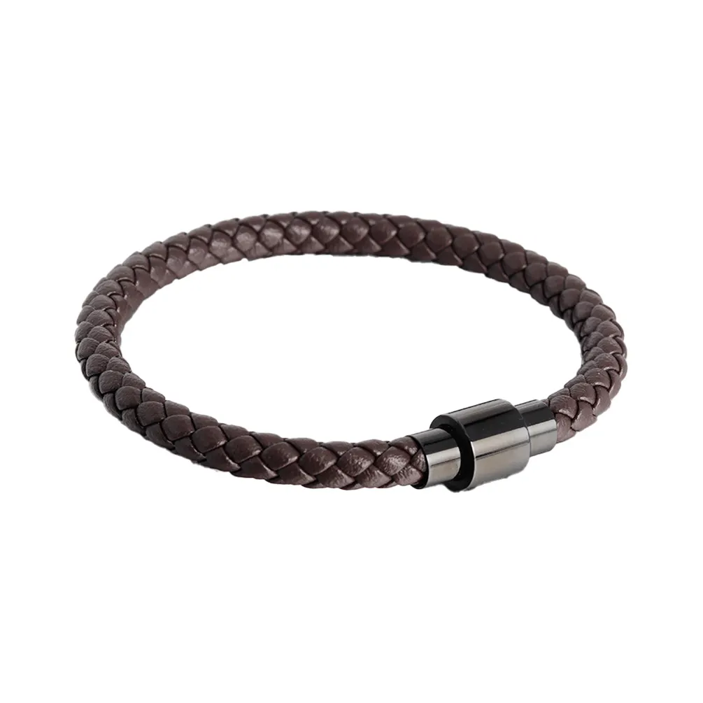 Fermoir magnétique en acier inoxydable 316L plaqué noir de conception classique avec chaîne en cuir véritable pour bracelet pour hommes