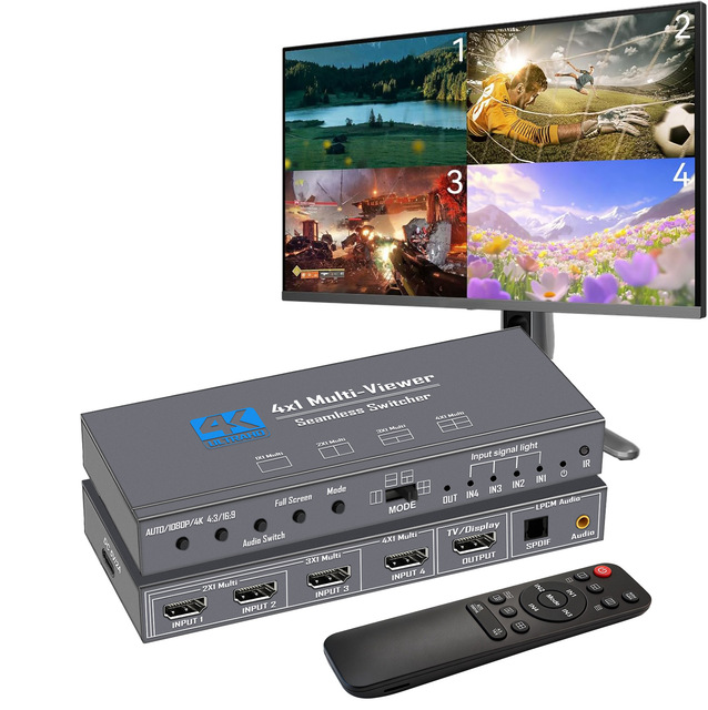 For 1.4 Multiviewer Switch 4x1 Quad Multi Viewer Seamless Switcher 4 1 4K Resolution Metal Construction 3.5mm Audio Output