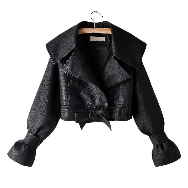 TWOTWINSTYLE Women's Jacket PU Leather bow Long Sleeve Thick Short Females Coat 2020