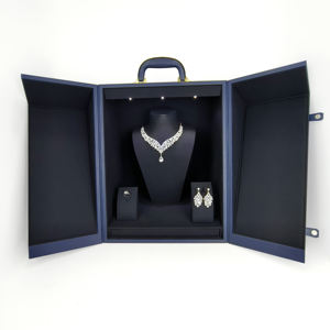 Boîte de présentation de bijoux de luxe avec poignée, support pour collier, pendentif, bague, grande taille, double porte, en cuir - Product Image 4