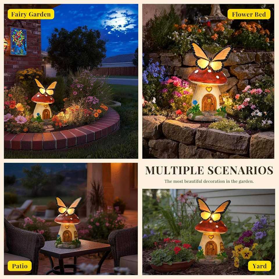 Solar Garden Light Mushroom Fairy House Butterfly LED IP65 Waterproof ...