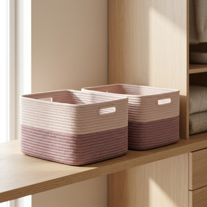 Rectangle Cotton <b>Rope</b> <b>Storage</b> <b>Baskets</b> With Handles For Clothing Neatening Simple Style Pink White Color - Product Image 3