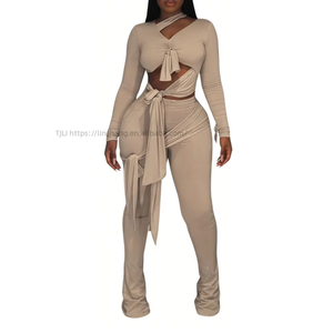 Women's 2 Piece <b>Set</b> Long Sleeve Cutout Crop Top & High Waist Flare Pants With <b>Tie</b> Detail Fashion - Product Image 3