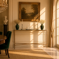 Table console moderne de luxe pratique avec base en métal massif forgé à la main et plateau en verre pour la maison, l'hôtel, le salon élégant