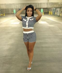 X20790C femmes <span class=keywords><strong>pied</strong></span> <span class=keywords><strong>de</strong></span> <span class=keywords><strong>poule</strong></span> Shorts ensembles <span class=keywords><strong>femme</strong></span> contraste couleur à manches courtes bouton hauts avec Shorts moulants survêtements - Product Image 5