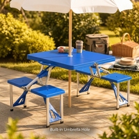 Ensemble de table de pique-nique pliable bleu royal, table d'extérieur portable en plastique avec 4 tabourets, trou pour parasol, mobilier de camping