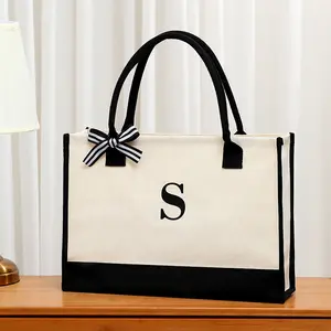 High Quality Custom 1 Shoulder Handbag Beach Bag Printing Letter Large Capacity Retro Pocket Square Canvas Womens Tote Bag