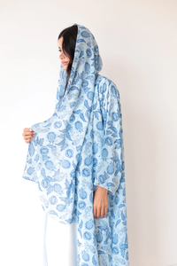 LEDUO Ramadan <b>Eid</b> Casual Modest Wear Blue Leaf Print <b>Long</b> Sleeve Striped Hooded Open Muslim Abaya - Product Image 3