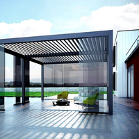 Gazebo de jardin à toit rigide avec finition anthracite thermolaquée et auvent à lames motorisées pour utilisation en extérieur dans les jardins et cours.
