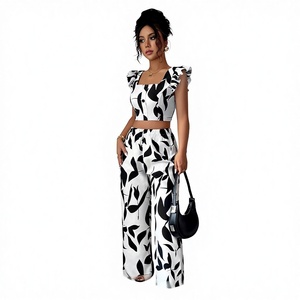 2026 Summer Women's 2 Piece Set Leaf Print Ruffle Sleeve Crop Top High Waist Wide Leg <strong>Pants</strong> Casual Outfit Wholesale - Product Image 6
