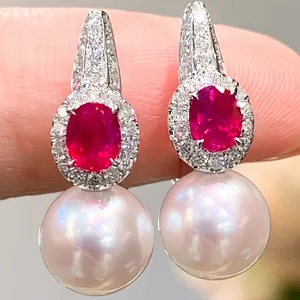 Round Cut Natural Pearl 7.250Ct Ruby 0.88Ct Drop/Dangle Earrings 18K Gold Jewelry Women Charm Ear Buckle Party Gemstone Gift