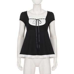 เสื้อยืดแขนสั้นสไตล์ฝรั่งเศสลำลอง แต่งระบาย โบว์ ดีเทลสีตัดกัน สไตล์ Pure Desire แฟชั่นอเนกประสงค์ ทรงเอไลน์ - Product Image 6