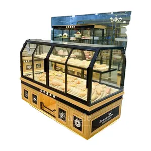 Tienda minorista de 2 a 3 niveles, vitrina de exhibición de panadería de pan de madera de pared, vitrina de exhibición de vidrio de panadería de vidrio con iluminación
