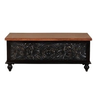 Coffre de rangement en bois sculpté à la main, finition noire et noyer, banc d'entrée au design Mandala