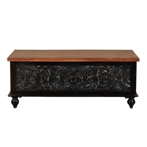 Baúl de Almacenamiento de Madera Tallado a Mano, Acabado Negro y Nogal, Banco de Entrada con Diseño Mandala - Product Image 5