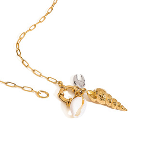 Stainless Steel Two Tone Conch <b>Shell</b> Tooth <b>Crab</b> Claw Pendant Necklace With Sailor Clasp - Product Image 1