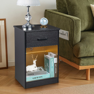 DB FCH <b>Black</b> <b>Bedside</b> <b>Table</b> Nightstand 40*35*60cm Single Drawer with LED Light and Socket Particleboard Pasted Triamine - Product Image 2