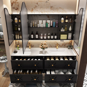 Mueble de Baño de Pared Estilo Vintage Francés Personalizado con <span class=keywords><strong>Lavabo</strong></span> Integrado de Cerámica Curvado en Caliente, <span class=keywords><strong>Lavabo</strong></span> Inteligente para Maquillaje - Product Image 4