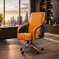 Chaise de bureau de direction à dossier bas en cuir orange avec accoudoirs en fibre de carbone, pivotante, avec base chromée, réglable en hauteur