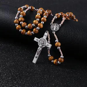Wooden Rosary Necklaces High Quality Good Wood Beads Rosary Necklace Cross Pendants Christ Jesus Religious Pray Jewelry