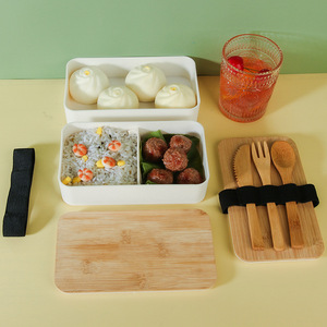 Double Layer Bamboo Lid <b>Lunch</b> <b>Box</b> With Wooden Cutlery Set Rectangle Solid Color Insulated Bento <b>Box</b> For Student Household Use - Product Image 3