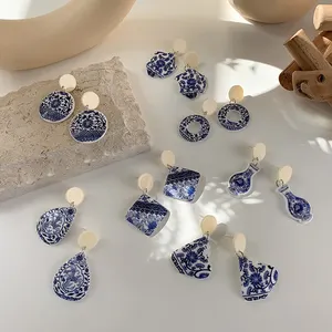 Brincos de pendurar antiguidade chinês, brincos de safira azul e branco de porcelana, brincos étnicos geométricos, círculo acrílico para mulheres