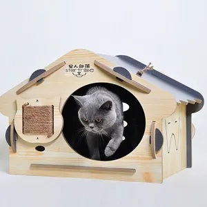 Mofespi - Casa de madeira para gatos, fácil montagem, esconderijo para gatos com telhado, gato, caverna com placa de arranhões, abrigador para ambientes internos