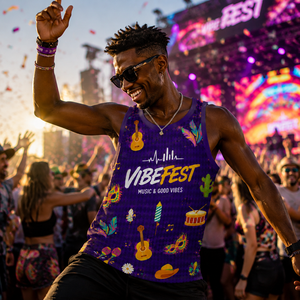 Camiseta sin mangas personalizada para festivales de música, eventos de música en vivo, con estampado por sublimación completa, para conciertos y fiestas - Product Image 1