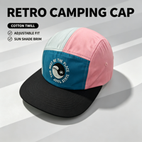 Casquette de camping rétro à 5 panneaux brodée sur mesure, motif vague colorée, pour la randonnée, la plage, les voyages, le quotidien et les loisirs