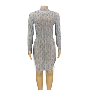 Robe de soirée à franges, tenue moulante Sexy à manches longues, transparente, motif strass, pour fête d'anniversaire, <span class=keywords><strong>en</strong></span> grande taille, pour femmes - Product Image 1