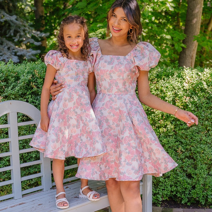 green emerald velvet dress Off-the-Shoulder Pink Mother Daughter Matching Gowns MGD164
