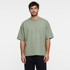Camiseta de Algodón Verde Oliva Extra Grande para Hombre, Manga Corta, Cuello Redondo, Estilo Casual, Color Sólido, Tejido de Punto Jersey - Product Image 1