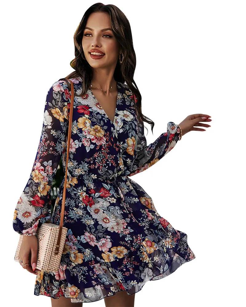 Vestidos midi de gasa con estampado Floral para mujer, ropa informal elegante con cuello en V para mujer, vestido de verano azul marino a la moda